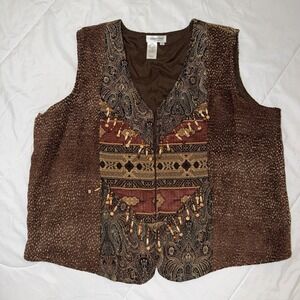 Vintage Boho Coldwater Creek Brown Embroidered Beaded Vest 2X